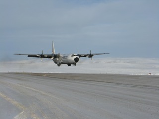Hercules C-130 (L-382) on final approach to landing at Eureka Weather Station