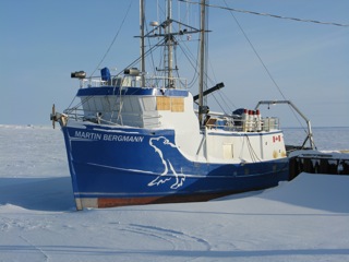 A research support vessel frozen in the ice for the winter.