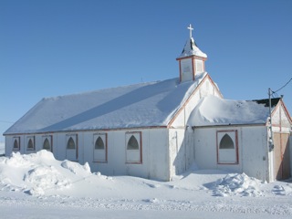 Snow covered church in Cambridge Bay