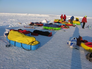 North Pole skiing expeditions preparing their sleds at Ice Station Barneo.