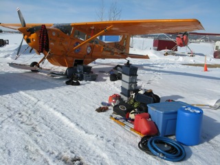 The Polar Pumpkin being unloaded in Fairbanks, Alaska after the flight to the Geographic North Pole.
