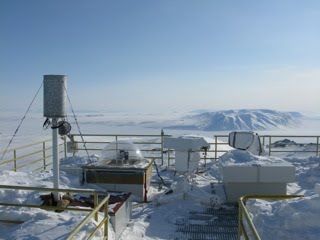 Scientific sensors on top of the Pearl Laboratory roof, with Ellesmere Island in the background.