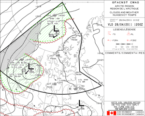 The Graphic Area Forecast (GFA) still depicting bad weather at the North Pole on 28 April.